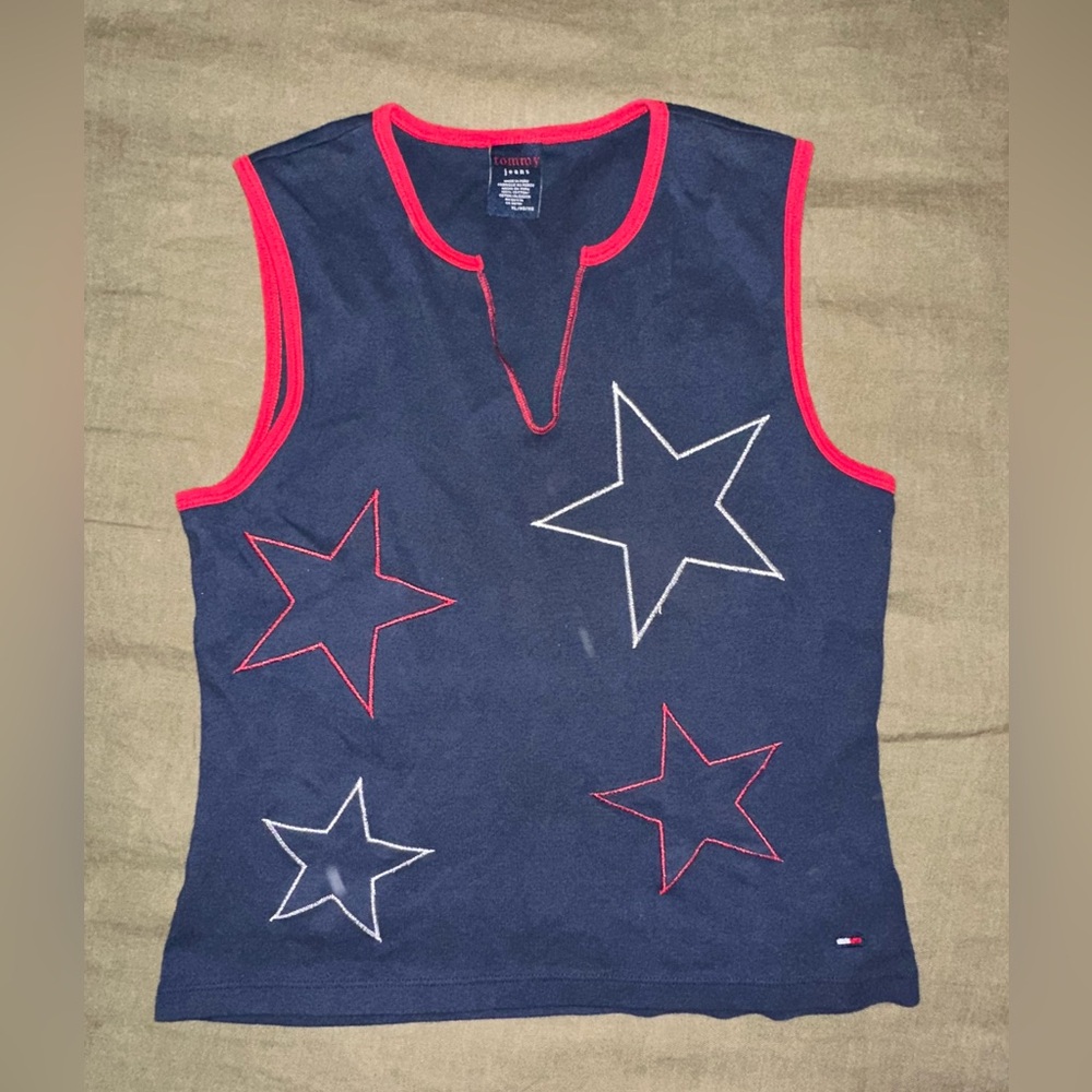 Vintage Tommy Hilfiger Navy Sleeveless Star Tank with Red Trim
